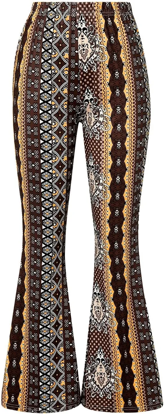 Boho Print Flare Pants for Women High Waist Stretch Comfy Bell Bottom Trousers 70s Hippie Pants Floral Yoga Leggings