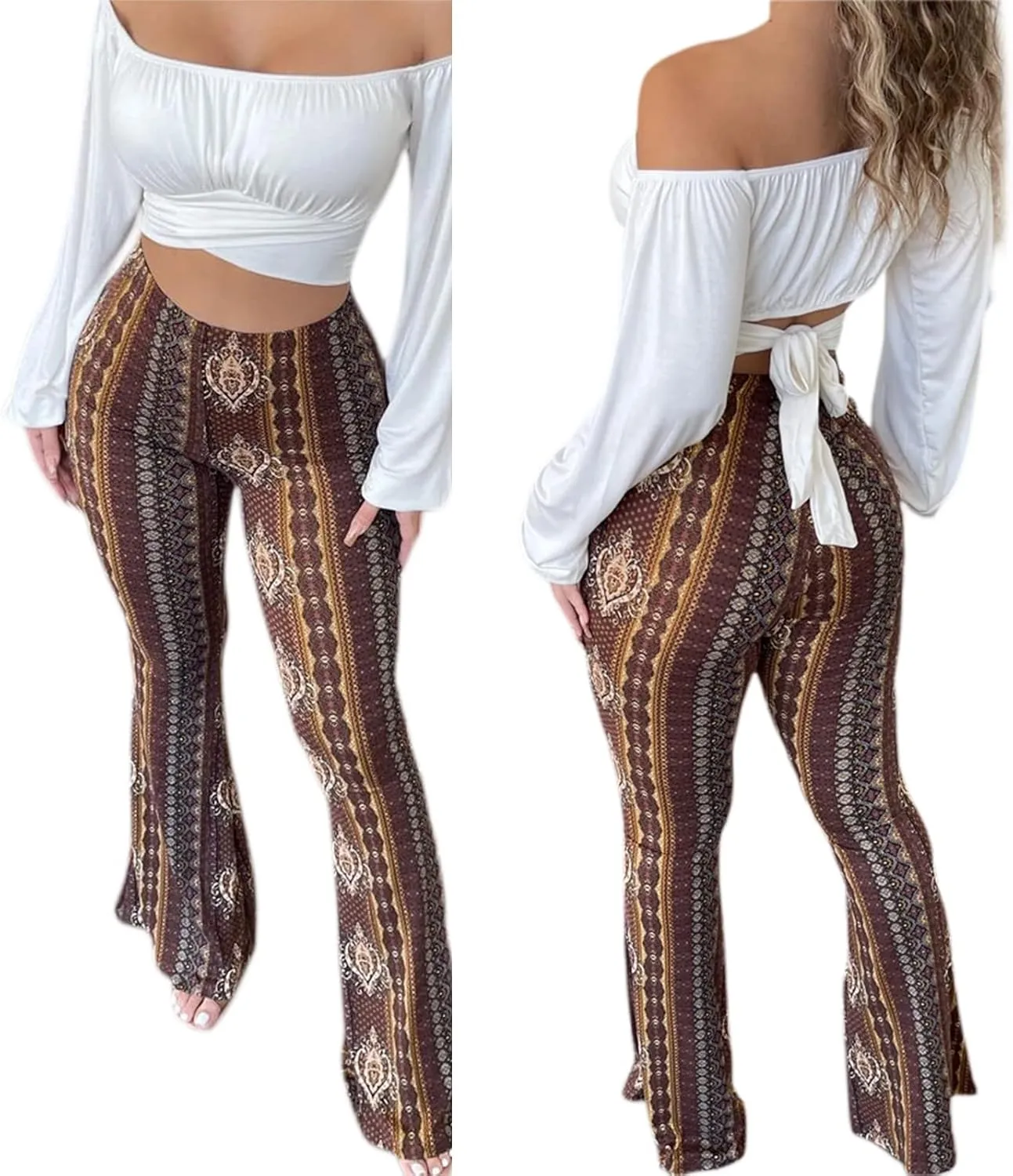 Boho Print Flare Pants for Women High Waist Stretch Comfy Bell Bottom Trousers 70s Hippie Pants Floral Yoga Leggings