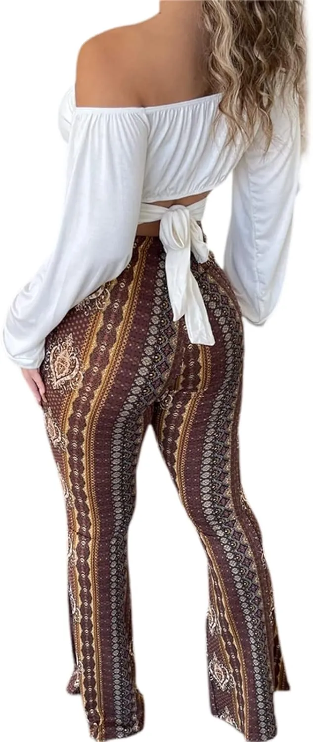 Boho Print Flare Pants for Women High Waist Stretch Comfy Bell Bottom Trousers 70s Hippie Pants Floral Yoga Leggings