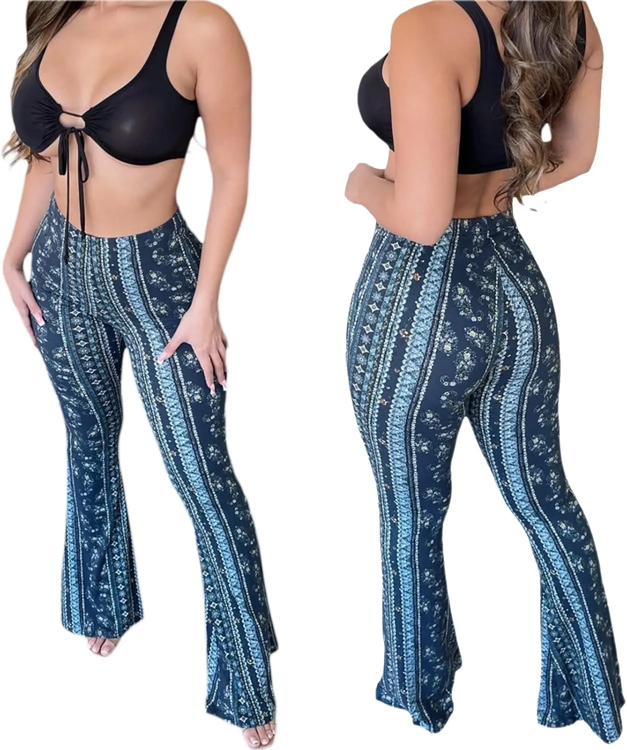 Boho Print Flare Pants for Women High Waist Stretch Comfy Bell Bottom Trousers 70s Hippie Pants Floral Yoga Leggings
