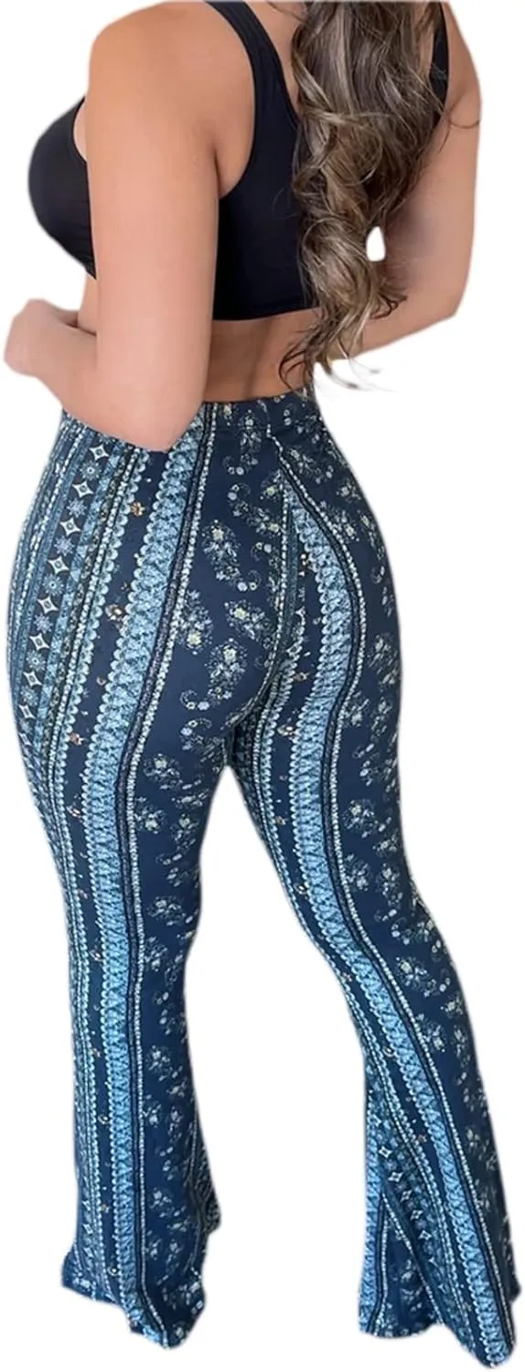 Boho Print Flare Pants for Women High Waist Stretch Comfy Bell Bottom Trousers 70s Hippie Pants Floral Yoga Leggings