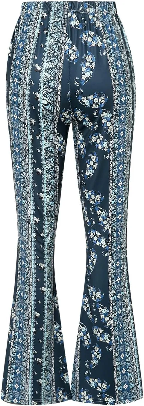 Boho Print Flare Pants for Women High Waist Stretch Comfy Bell Bottom Trousers 70s Hippie Pants Floral Yoga Leggings