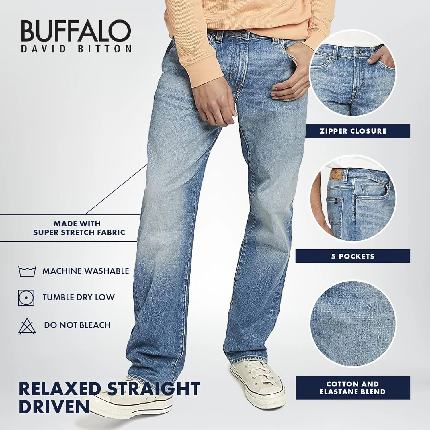 Buffalo David Bitton Men's Relaxed Straight Leg Driven Jean with Stretch Fabric