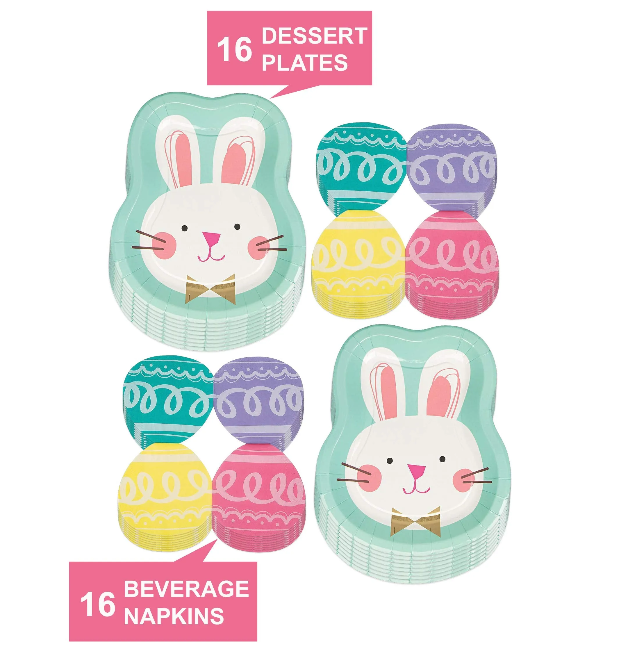 Bunny-Shaped Easter Party Paper Dessert Plates and Egg-Shaped Beverage Napkins (Serves 16)