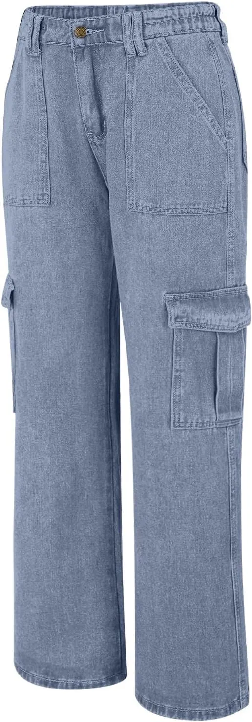 Cargo Jeans for Women Stretch High Waisted Wide Leg Denim Pants Y2K Straight Leg Trendy Loose Boyfriends Jeans