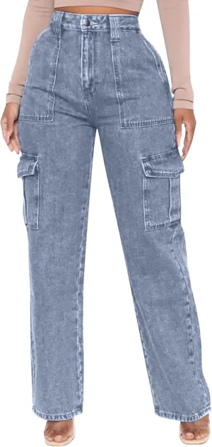 Cargo Jeans for Women Stretch High Waisted Wide Leg Denim Pants Y2K Straight Leg Trendy Loose Boyfriends Jeans