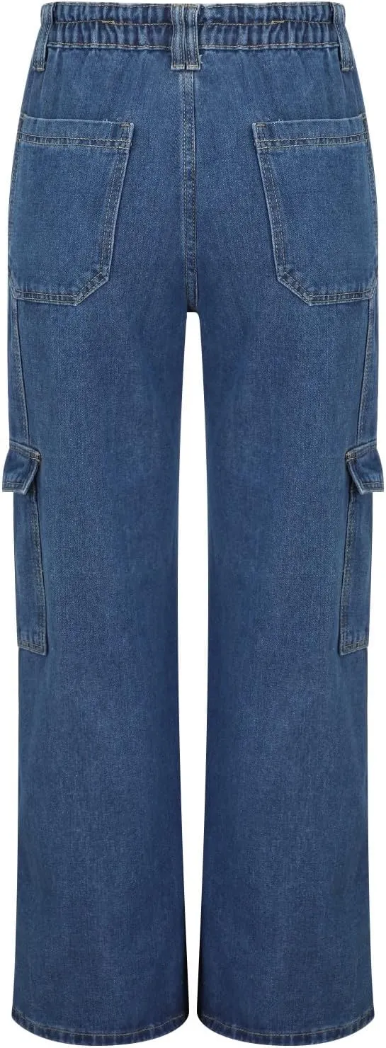 Cargo Jeans for Women Stretch High Waisted Wide Leg Denim Pants Y2K Straight Leg Trendy Loose Boyfriends Jeans