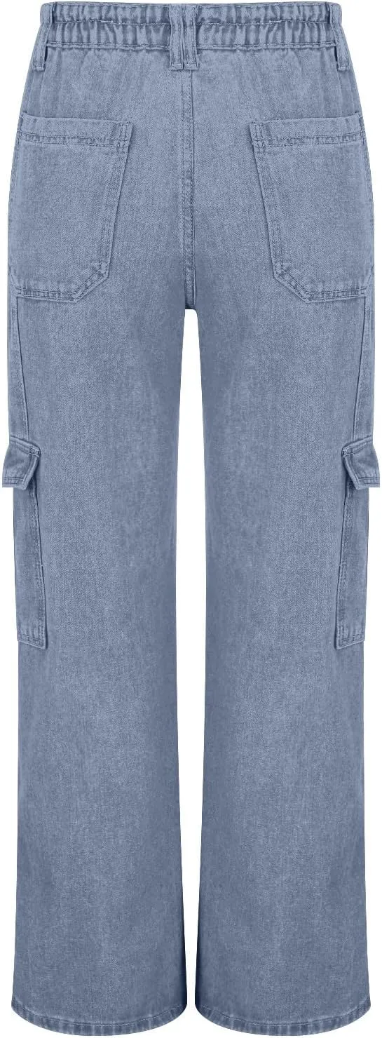 Cargo Jeans for Women Stretch High Waisted Wide Leg Denim Pants Y2K Straight Leg Trendy Loose Boyfriends Jeans