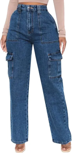 Cargo Jeans for Women Stretch High Waisted Wide Leg Denim Pants Y2K Straight Leg Trendy Loose Boyfriends Jeans