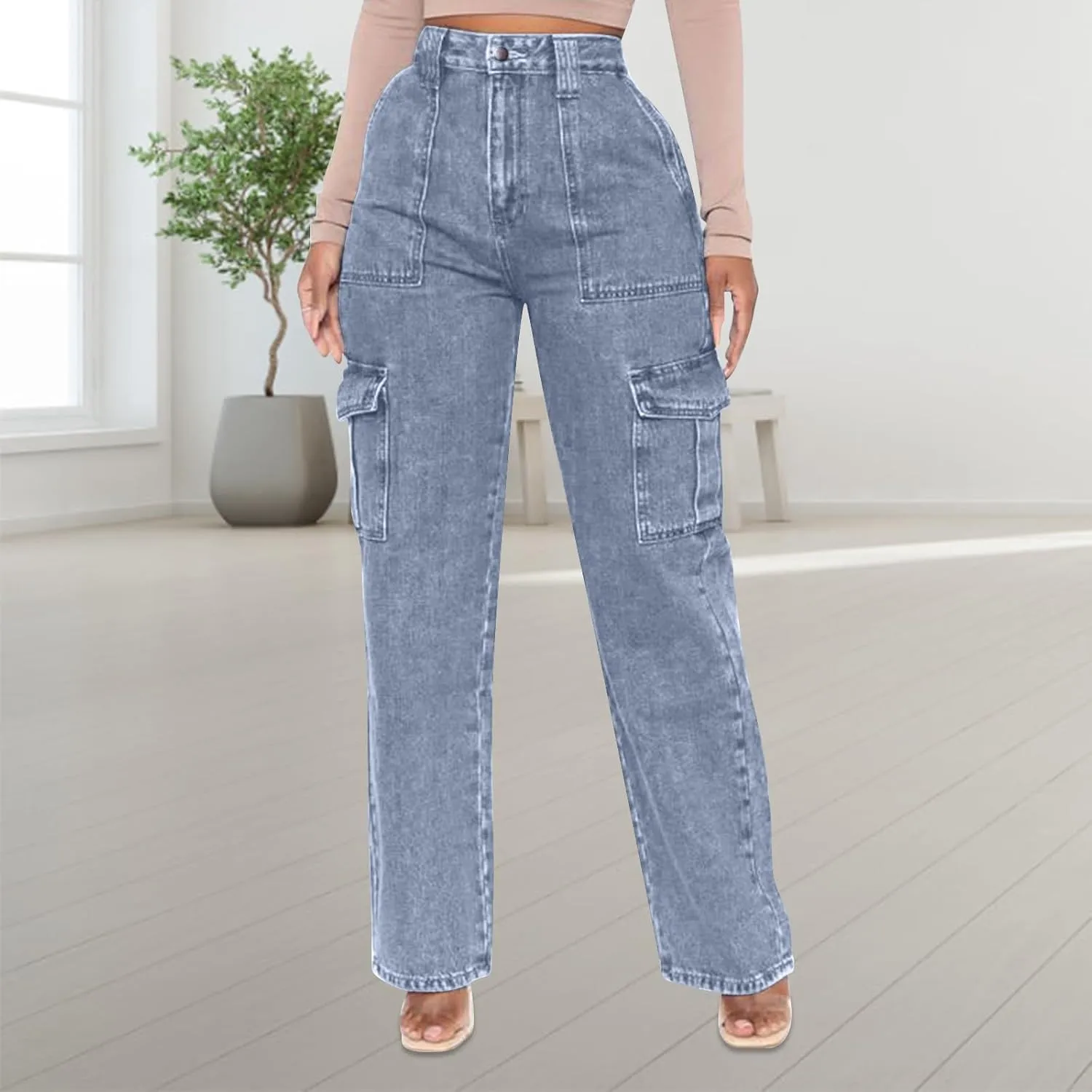 Cargo Jeans for Women Stretch High Waisted Wide Leg Denim Pants Y2K Straight Leg Trendy Loose Boyfriends Jeans