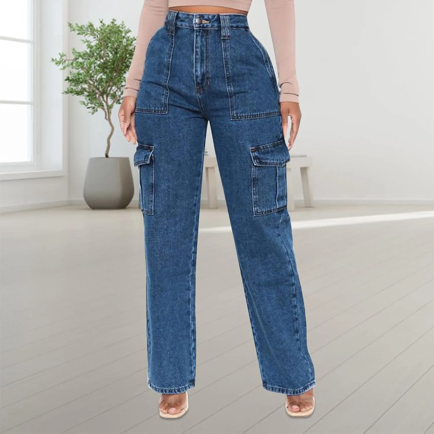 Cargo Jeans for Women Stretch High Waisted Wide Leg Denim Pants Y2K Straight Leg Trendy Loose Boyfriends Jeans