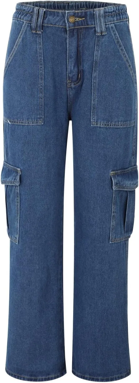 Cargo Jeans for Women Stretch High Waisted Wide Leg Denim Pants Y2K Straight Leg Trendy Loose Boyfriends Jeans