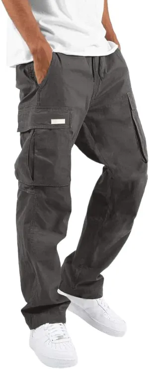 Cargo Pants for Men, Big and Tall Elastic Waist Cotton Woven Sweatpants Causal Rope Multi Pockets Joggers Athletic Pants