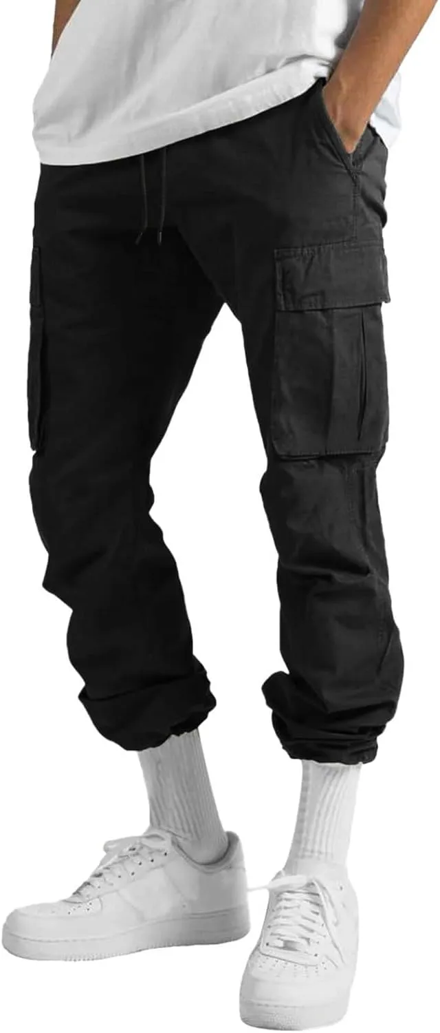 Cargo Pants for Men, Big and Tall Elastic Waist Cotton Woven Sweatpants Causal Rope Multi Pockets Joggers Athletic Pants