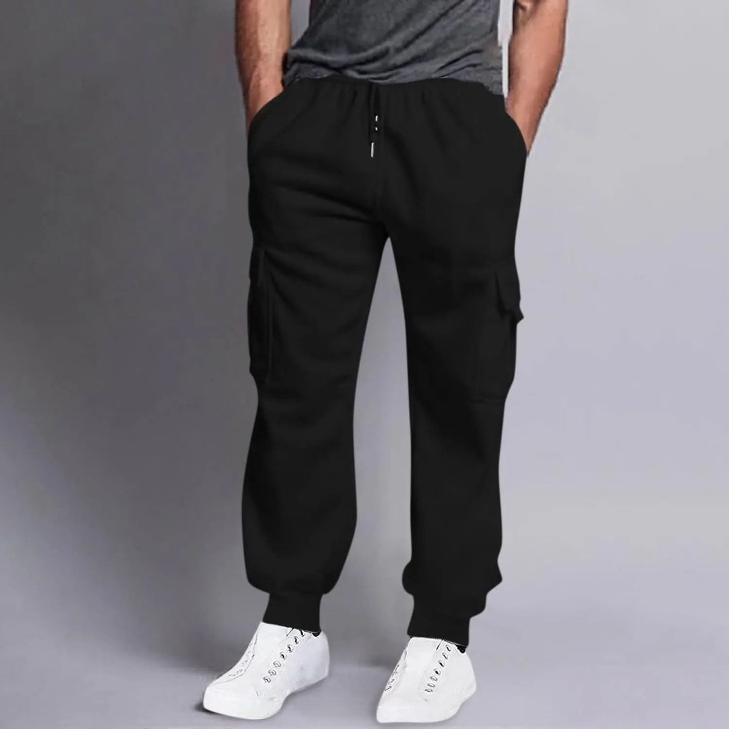Cargo Pants for Men High Street Leisure Loose Sports Running Solid Color Lace Up Cargo Pants Sweater Men's Jogger