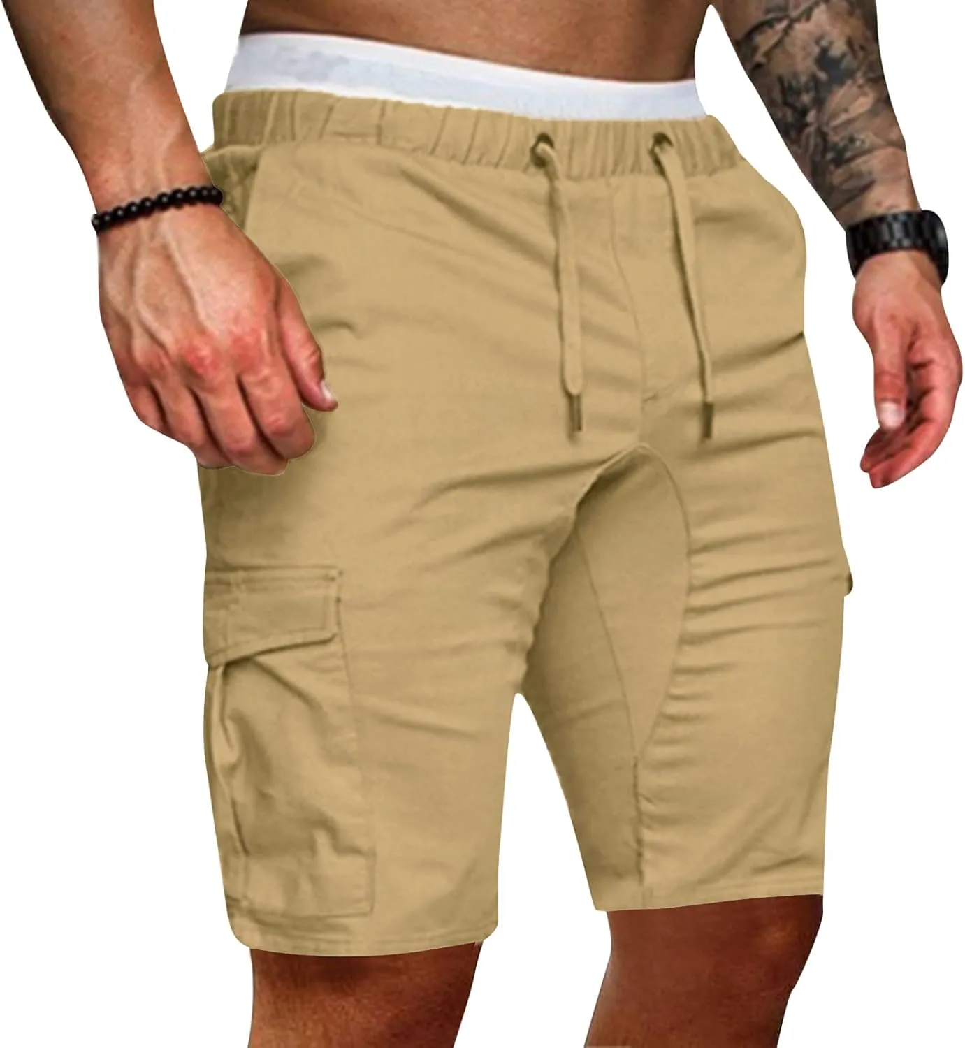 Cargo Shorts for Men Mid Rise Drawstring Elastic Waist Knee Length Slim Fit Shorts Outdoor Hiking Exercise Short Pants
