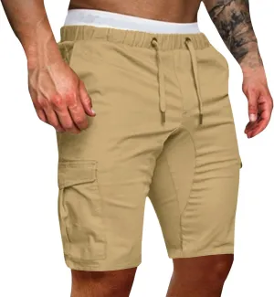 Cargo Shorts for Men Mid Rise Drawstring Elastic Waist Knee Length Slim Fit Shorts Outdoor Hiking Exercise Short Pants