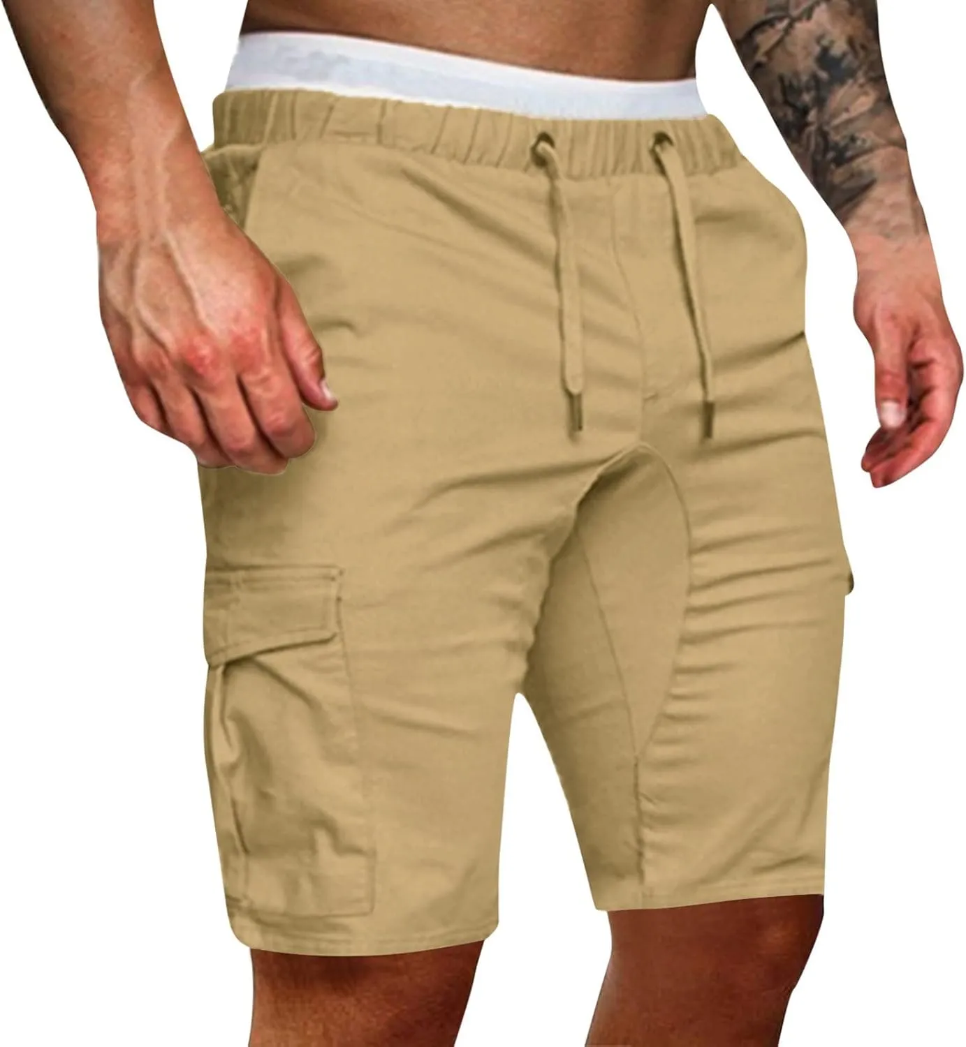 Cargo Shorts for Men Mid Rise Drawstring Elastic Waist Knee Length Slim Fit Shorts Outdoor Hiking Exercise Short Pants