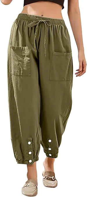 Casual Baggy Harem Pants for Women Elastic High Waisted Summer Lounge Trousers Lantern Barrel Pants with Front Pocket