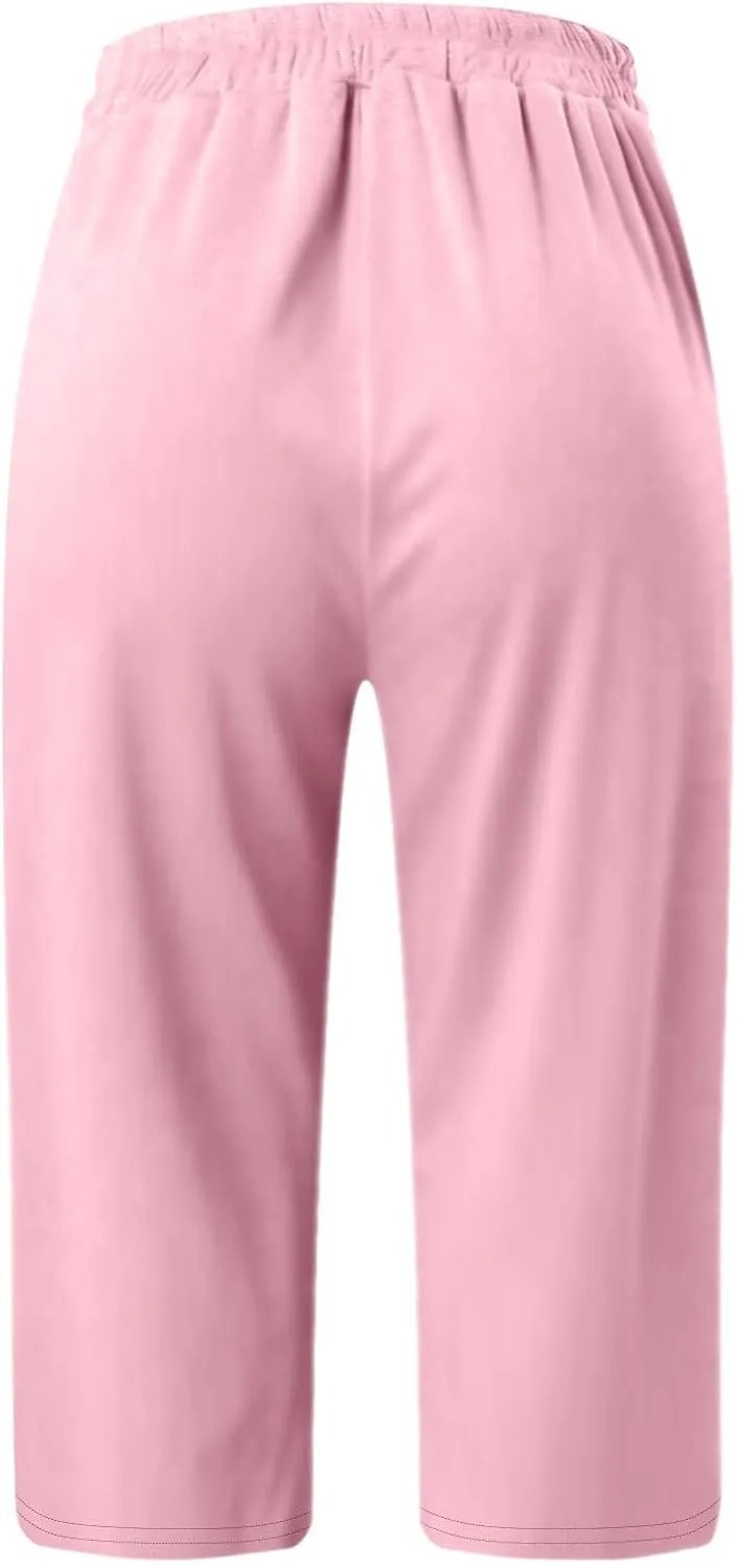 Casual Beach Pants for Women,Loose Fit Cotton Linen Wide Leg Cropped Trousers Elastic Waist Summer Style