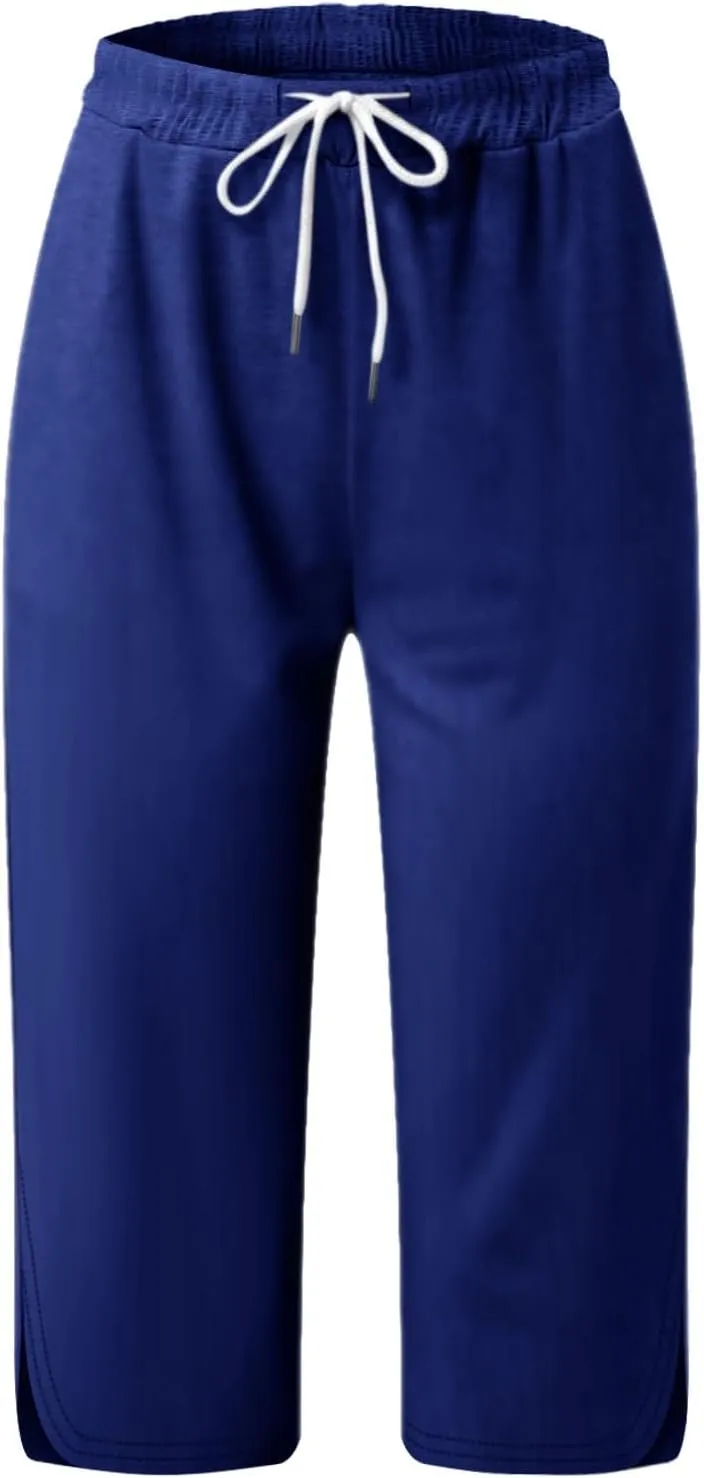 Casual Beach Pants for Women,Loose Fit Cotton Linen Wide Leg Cropped Trousers Elastic Waist Summer Style