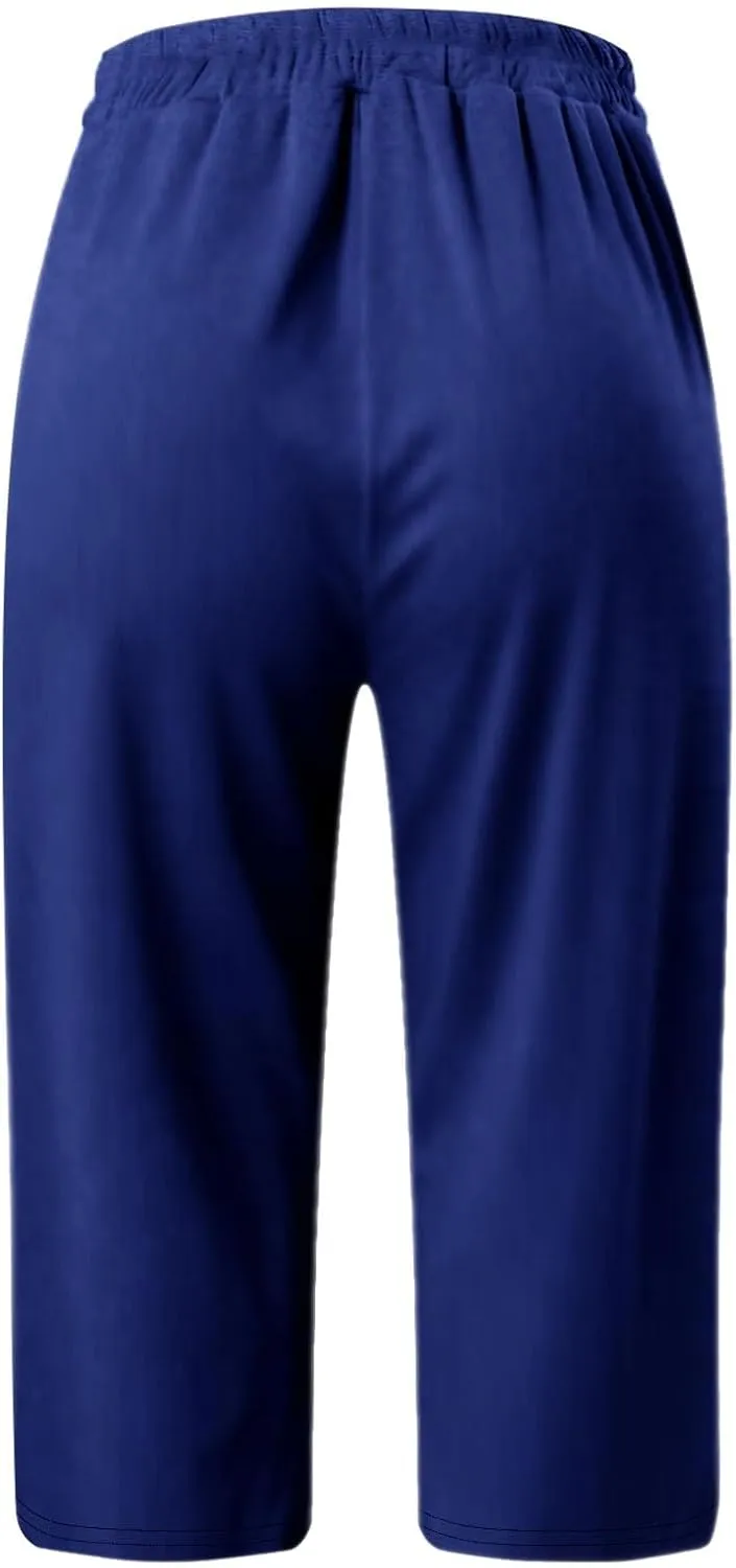 Casual Beach Pants for Women,Loose Fit Cotton Linen Wide Leg Cropped Trousers Elastic Waist Summer Style