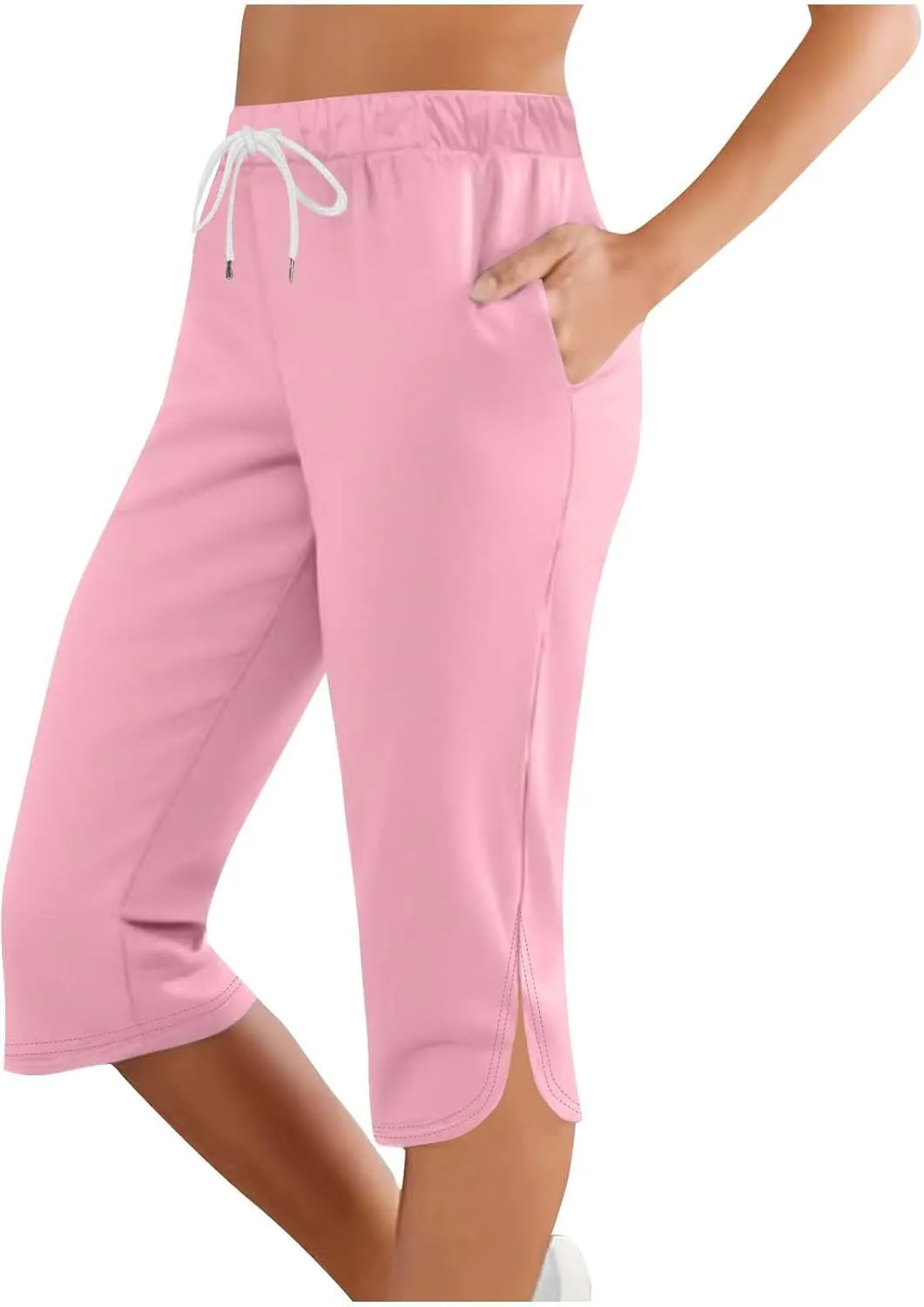 Casual Beach Pants for Women,Loose Fit Cotton Linen Wide Leg Cropped Trousers Elastic Waist Summer Style
