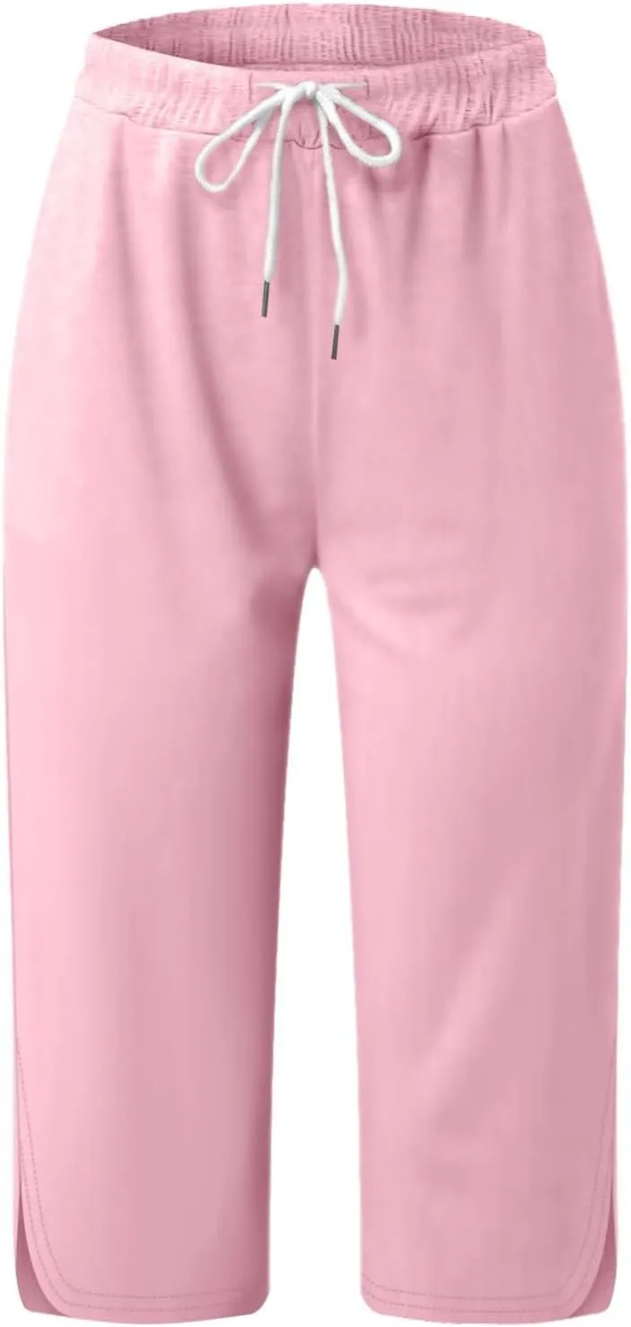 Casual Beach Pants for Women,Loose Fit Cotton Linen Wide Leg Cropped Trousers Elastic Waist Summer Style