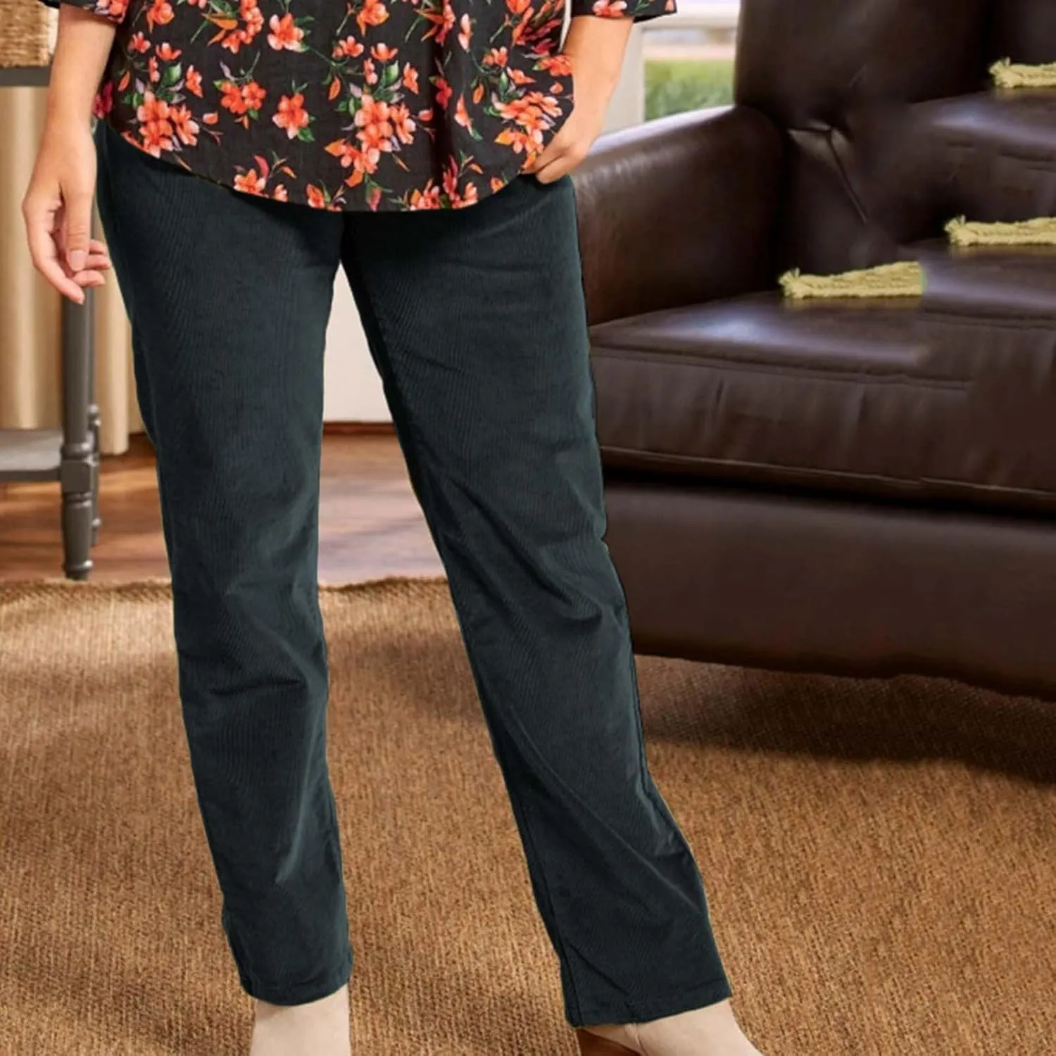 Casual Corduroy Pants for Women Solid Elastic High Waist Pants Loose Comfy Straight Leg Pants Loose Comfort Trousers