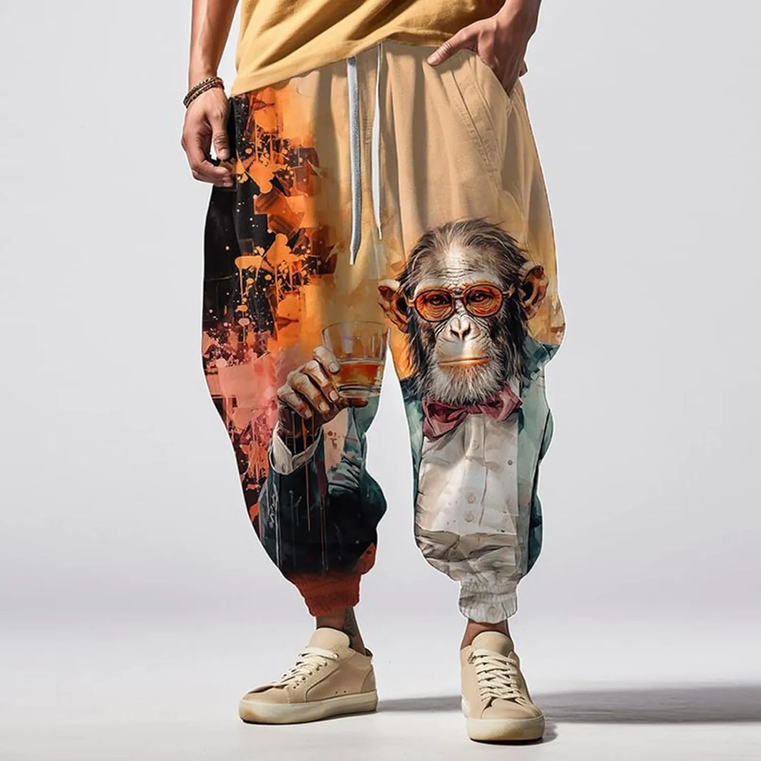 Casual Elastic Waist Trouser Hippie Yoga Pants Men's Autumn Fun Print Fashion Elastic Waist Drawstring Hippie