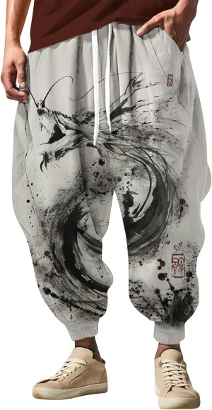 Casual Elastic Waist Trouser Hippie Yoga Pants Men's Autumn Fun Print Fashion Elastic Waist Drawstring Hippie