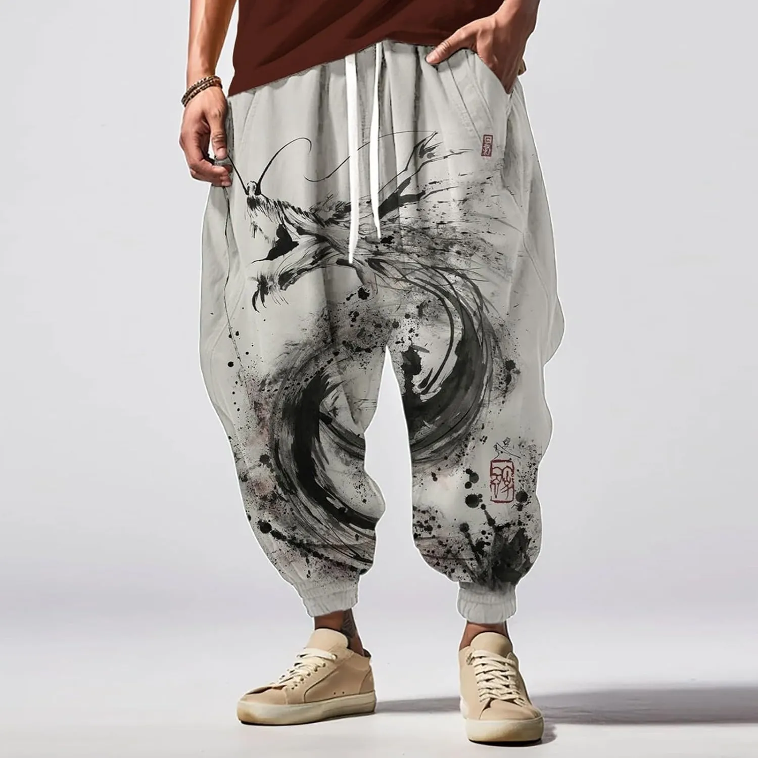 Casual Elastic Waist Trouser Hippie Yoga Pants Men's Autumn Fun Print Fashion Elastic Waist Drawstring Hippie