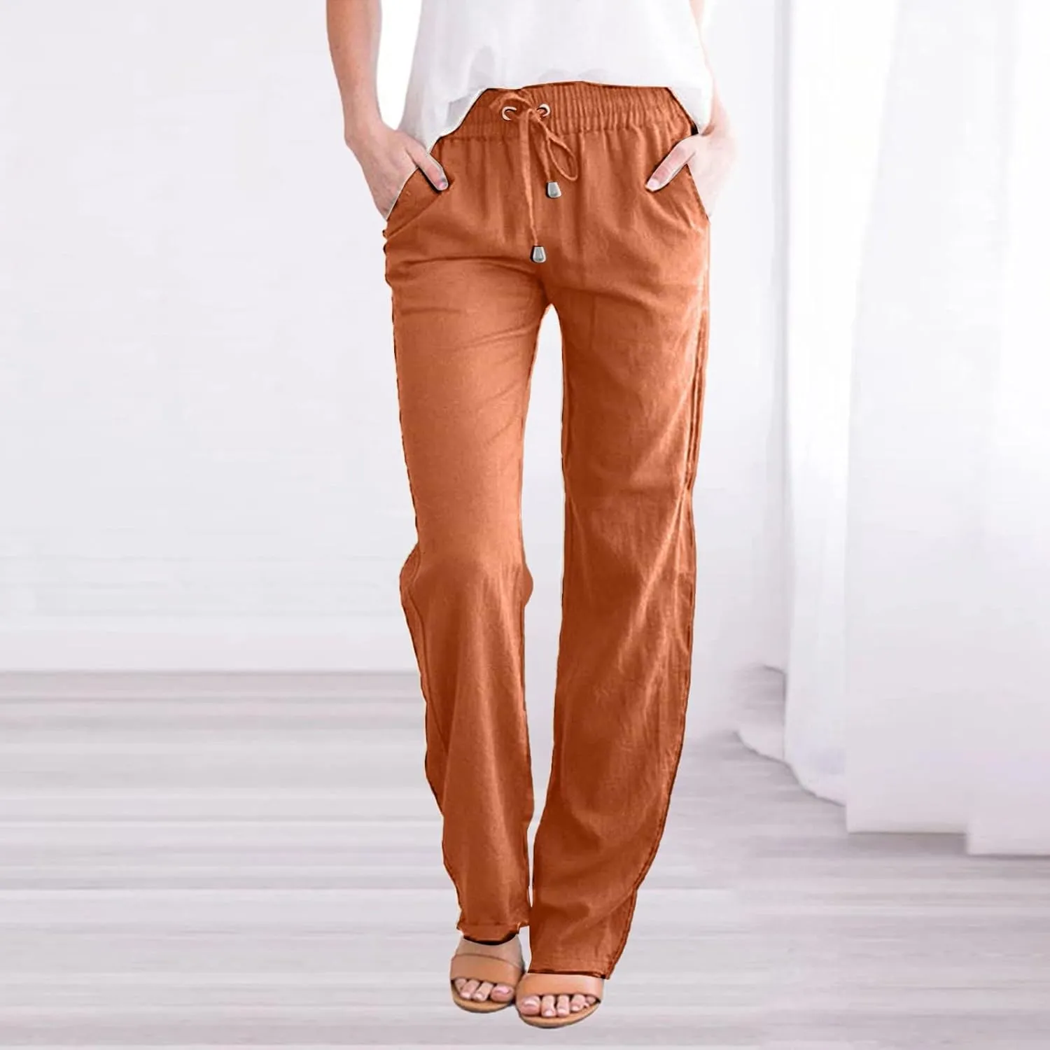 Casual Pants for Women Loose Solid Color Elastic High Waist Straight Leg Pant Drawstring Sport Trousers with Pocket