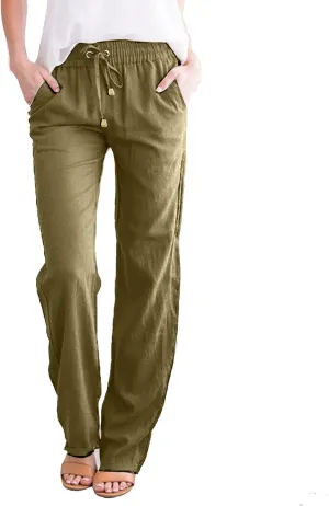 Casual Pants for Women Loose Solid Color Elastic High Waist Straight Leg Pant Drawstring Sport Trousers with Pocket