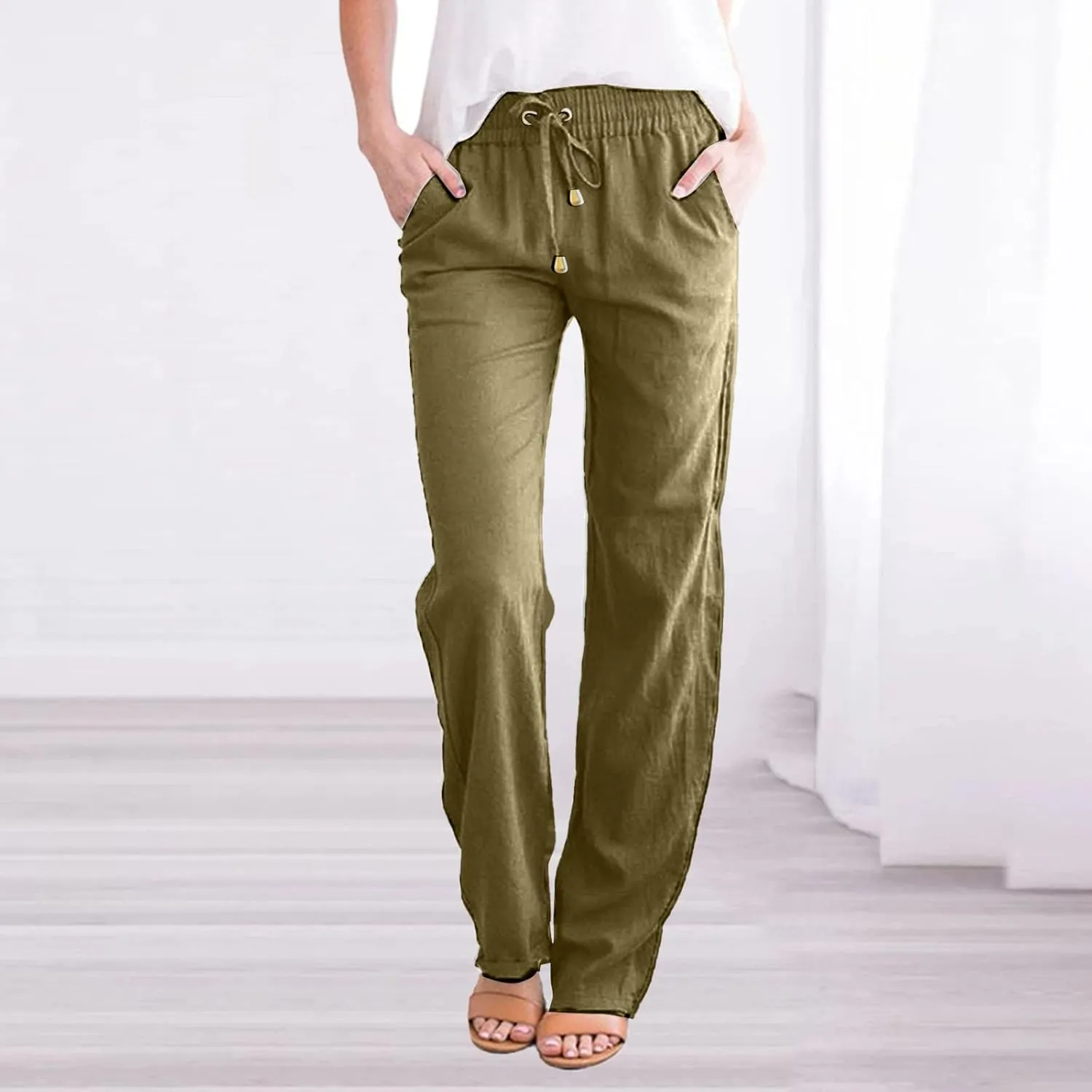 Casual Pants for Women Loose Solid Color Elastic High Waist Straight Leg Pant Drawstring Sport Trousers with Pocket