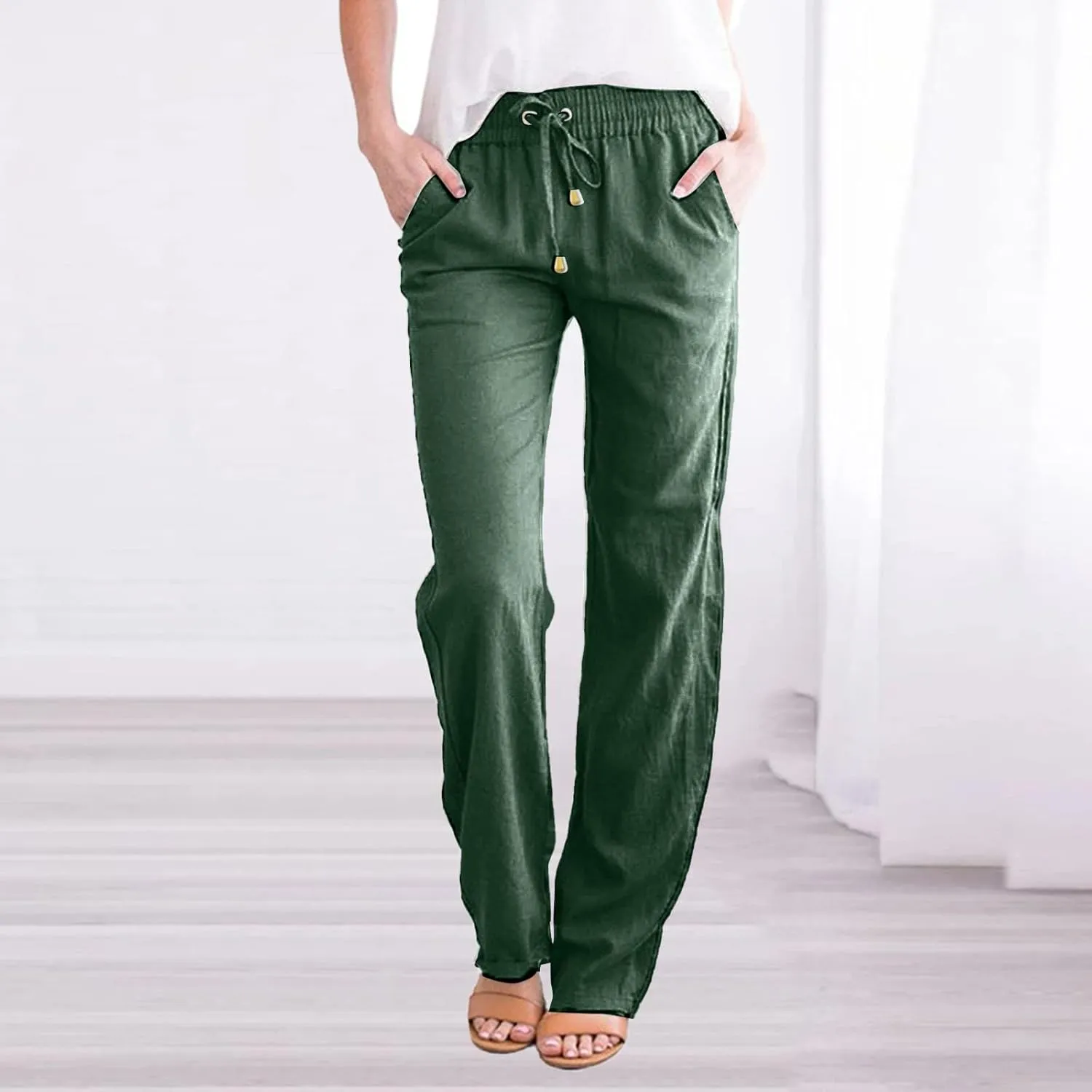 Casual Pants for Women Loose Solid Color Elastic High Waist Straight Leg Pant Drawstring Sport Trousers with Pocket