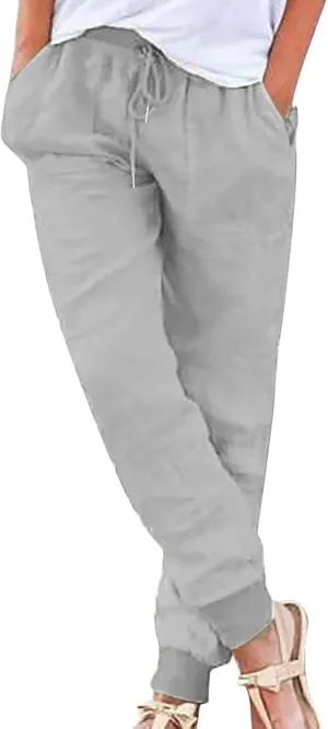 Ceboyel Women Summer Linen Pants Drawstring Beach Pants Lightweight High Waist Baggy Trouser Boho Ladies Clothes with Pockets