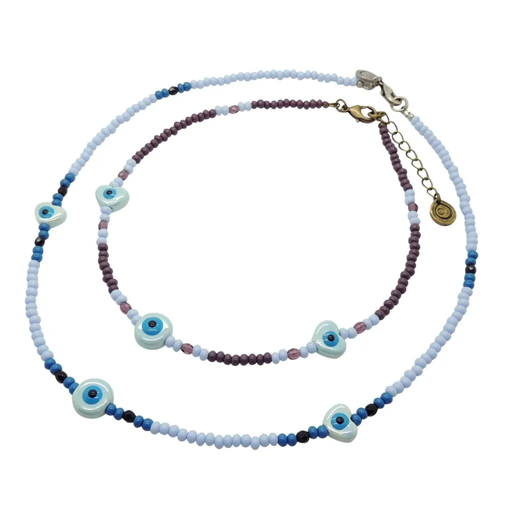 Ceramic Evil Eye Heart to Heart Charm Glass Bead Mix Necklace