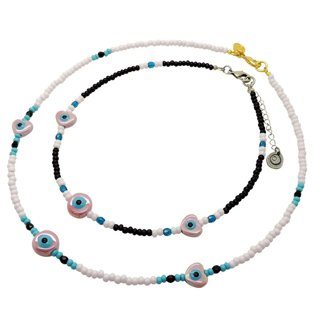 Ceramic Evil Eye Heart to Heart Charm Glass Bead Mix Necklace