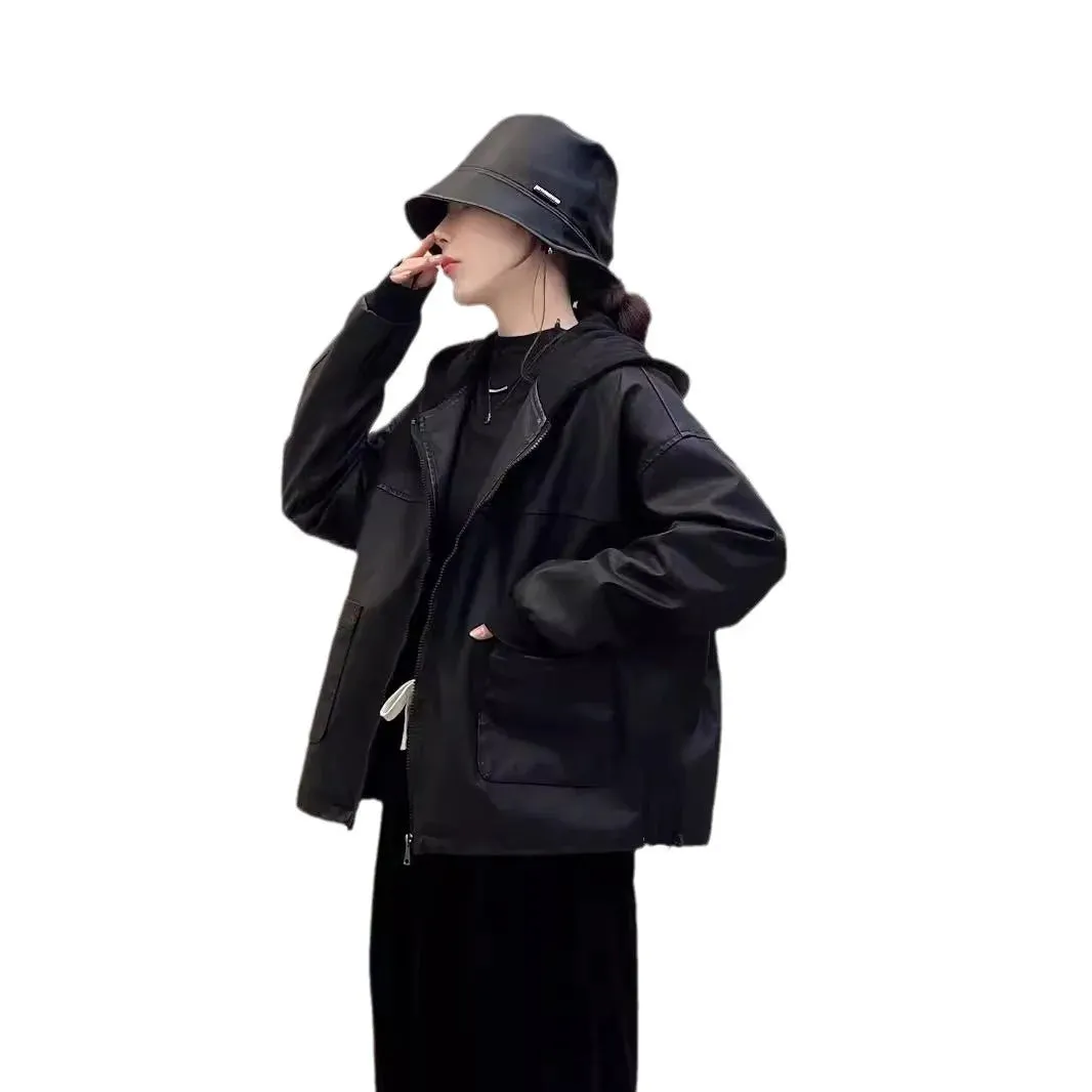 cold weather outfits Joskaa 2024 Autumn New Trendy Solid Color Simple Long Sleeve PU Leather Hooded Jacket Women's Loose Fit Drawstring Cardigan