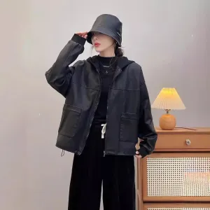 cold weather outfits Joskaa 2024 Autumn New Trendy Solid Color Simple Long Sleeve PU Leather Hooded Jacket Women's Loose Fit Drawstring Cardigan