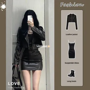 cold weather outfits Joskaa 2024 Autumn New Women's Cropped Leather Jacket Tank Dress Slimming Bodycon Skirt Trendy Fashionable Female Dress Set