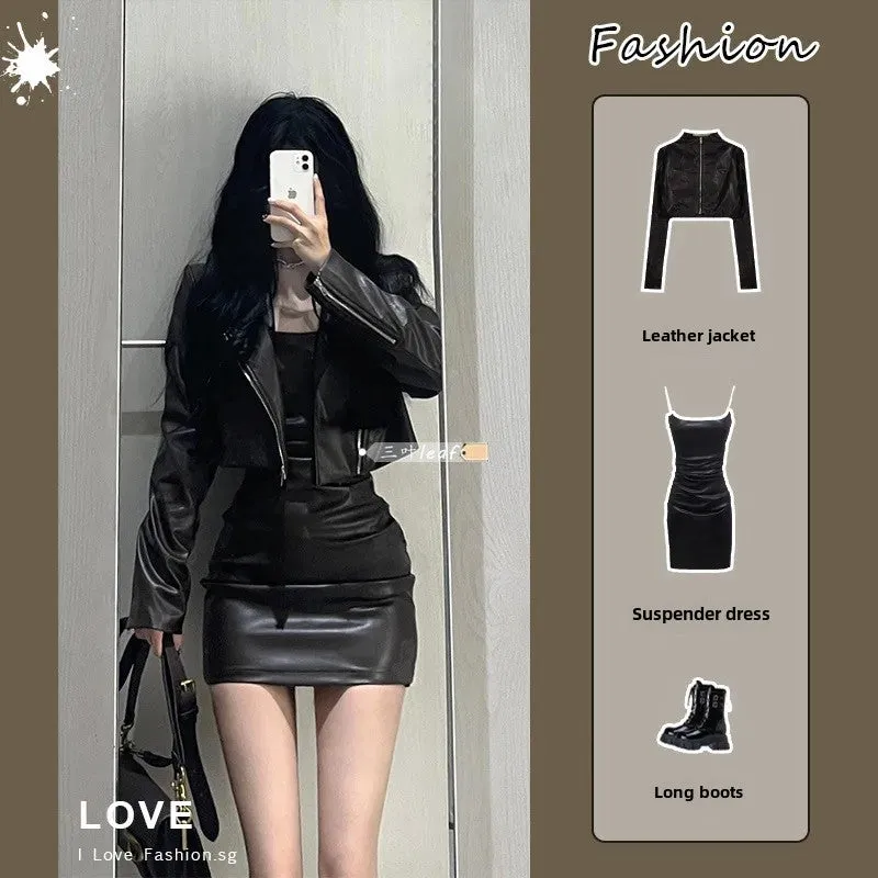 cold weather outfits Joskaa 2024 Autumn New Women's Cropped Leather Jacket Tank Dress Slimming Bodycon Skirt Trendy Fashionable Female Dress Set