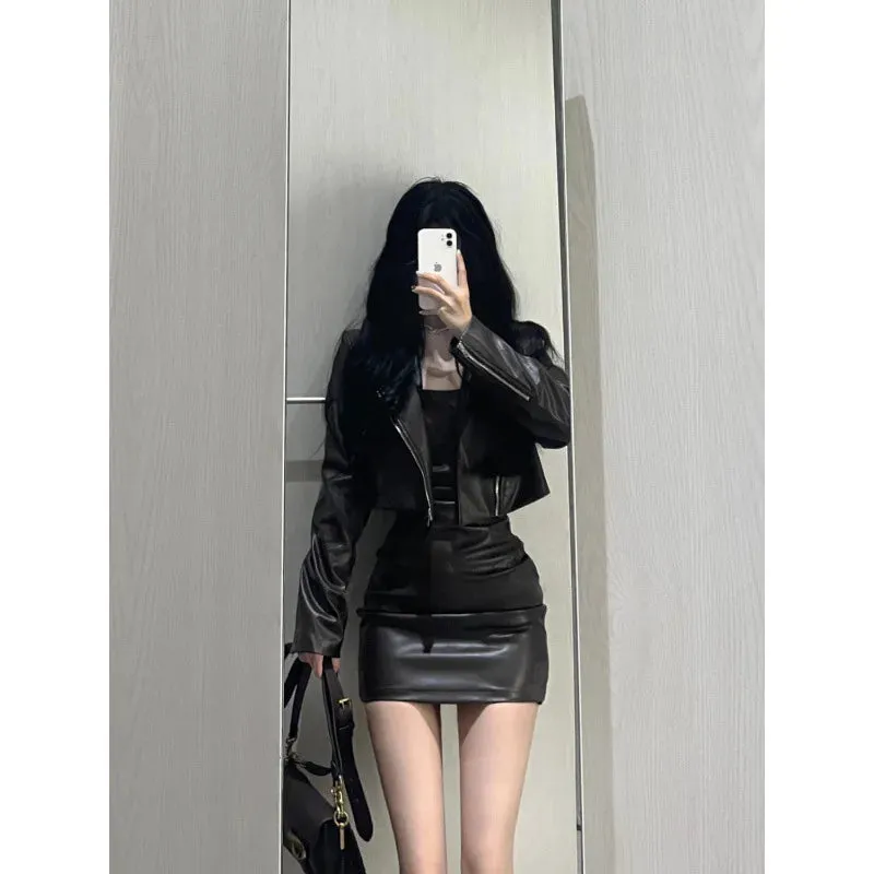 cold weather outfits Joskaa 2024 Autumn New Women's Cropped Leather Jacket Tank Dress Slimming Bodycon Skirt Trendy Fashionable Female Dress Set