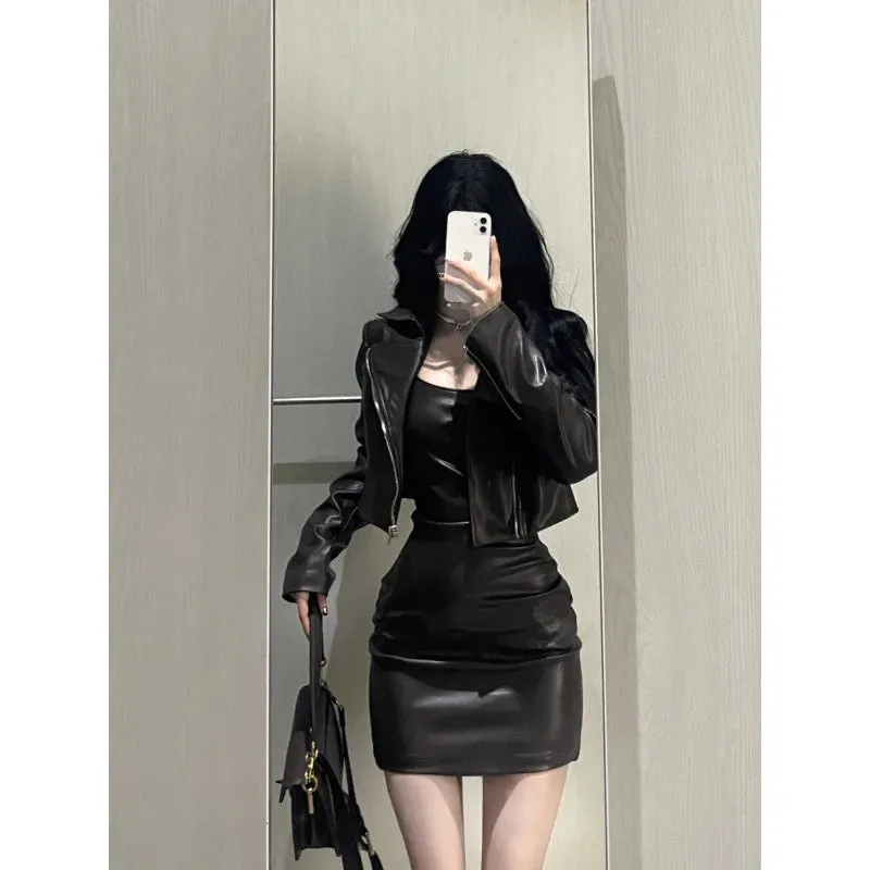 cold weather outfits Joskaa 2024 Autumn New Women's Cropped Leather Jacket Tank Dress Slimming Bodycon Skirt Trendy Fashionable Female Dress Set