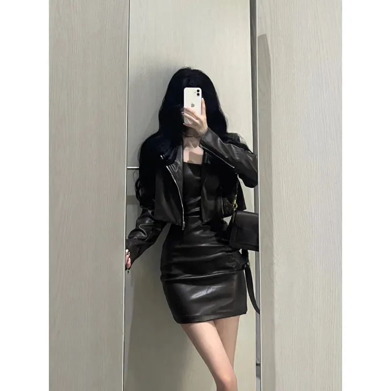 cold weather outfits Joskaa 2024 Autumn New Women's Cropped Leather Jacket Tank Dress Slimming Bodycon Skirt Trendy Fashionable Female Dress Set