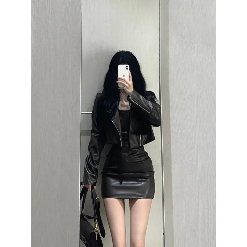 cold weather outfits Joskaa 2024 Autumn New Women's Cropped Leather Jacket Tank Dress Slimming Bodycon Skirt Trendy Fashionable Female Dress Set