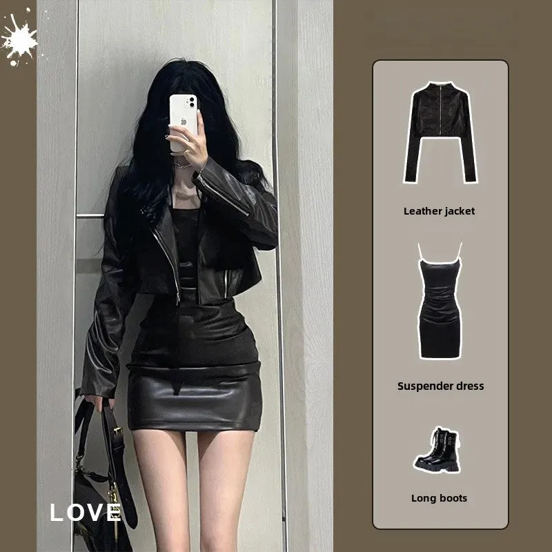 cold weather outfits Joskaa 2024 Autumn New Women's Cropped Leather Jacket Tank Dress Slimming Bodycon Skirt Trendy Fashionable Female Dress Set