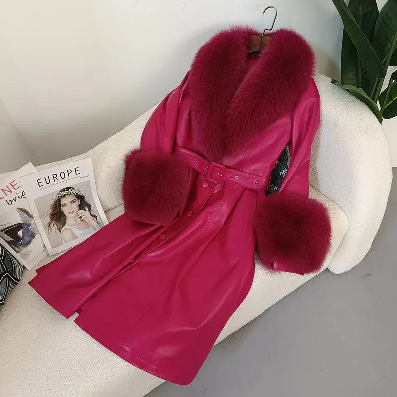 cold weather outfits Joskaa 2024 New Women's Leather Jacket With Fox Fur Collar Long Fashionable Elegant Waist-Fitted Sheepskin Overcoat For Autumn/Winter