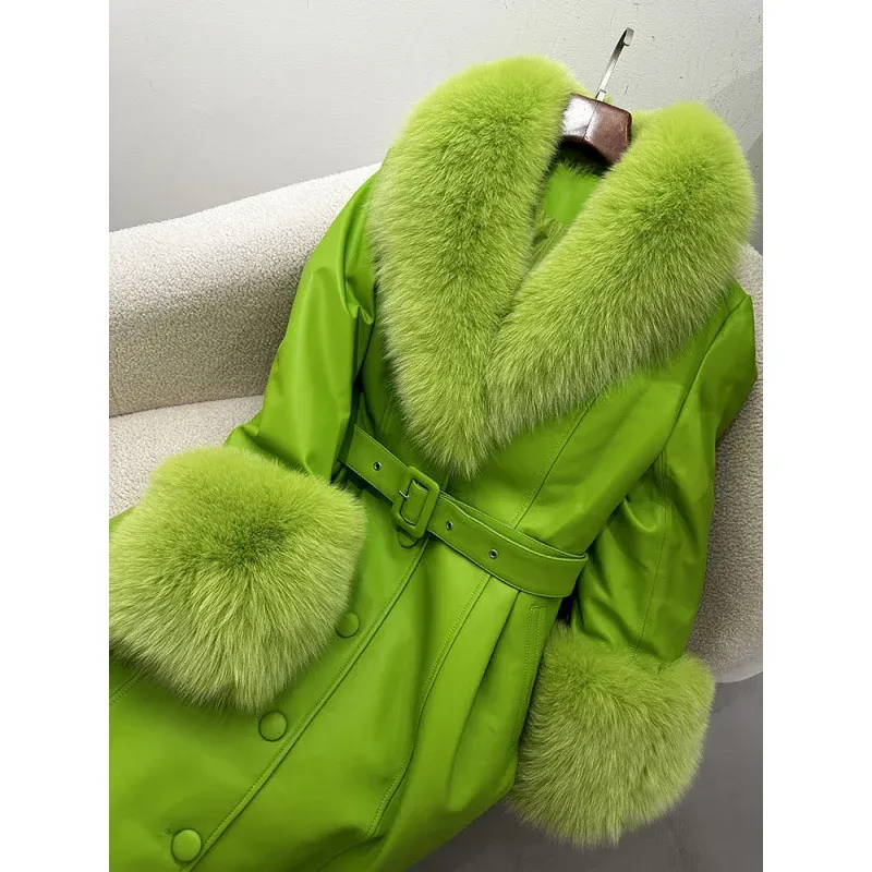 cold weather outfits Joskaa 2024 New Women's Leather Jacket With Fox Fur Collar Long Fashionable Elegant Waist-Fitted Sheepskin Overcoat For Autumn/Winter